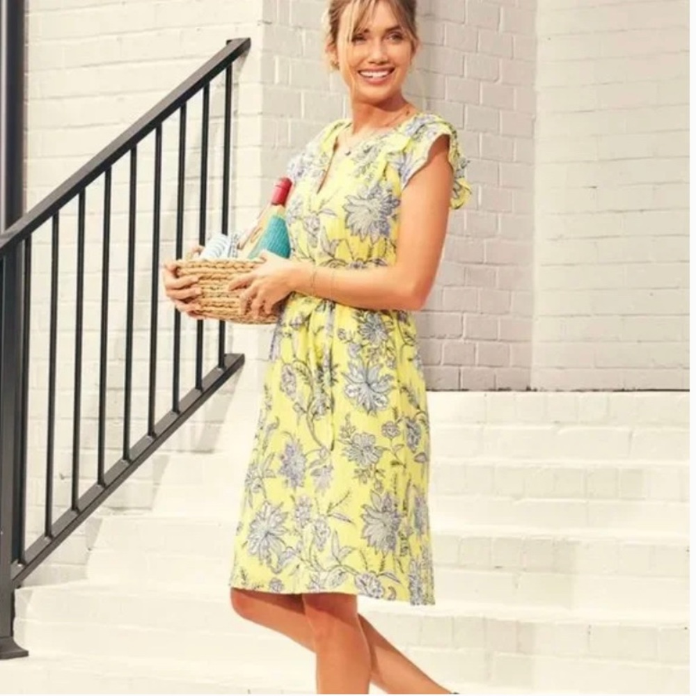 xsmall loft petites bright yellow with blue floral details summer dress